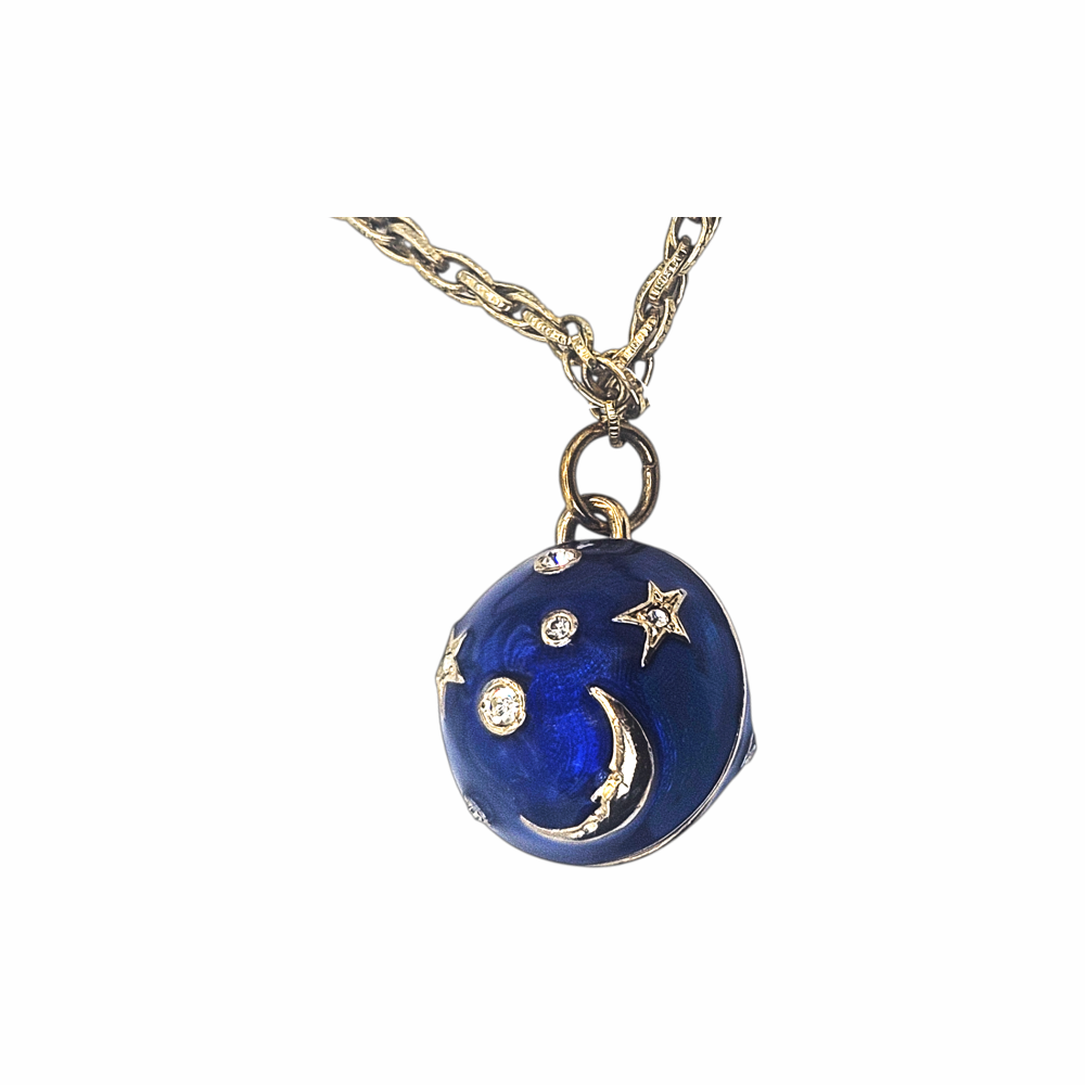 Re:Velvet upstyled vintage Cabouchon Astrology Collection necklace with cobalt-blue enamel celestial pendant and gold-tone chain.
