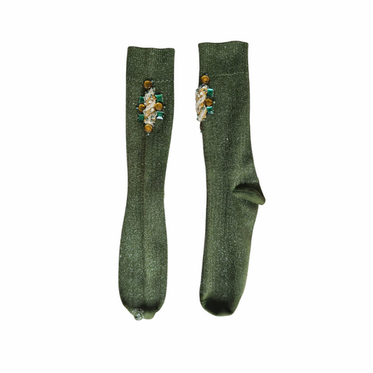 Upstyled  Dark Green Hand‑Embellished Lurex Socks