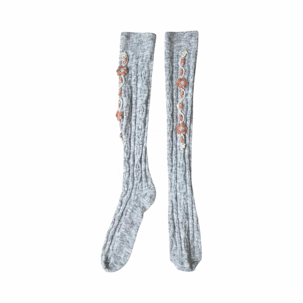 Upstyled Hand‑Embellished Grey Ribbed Knee Socks