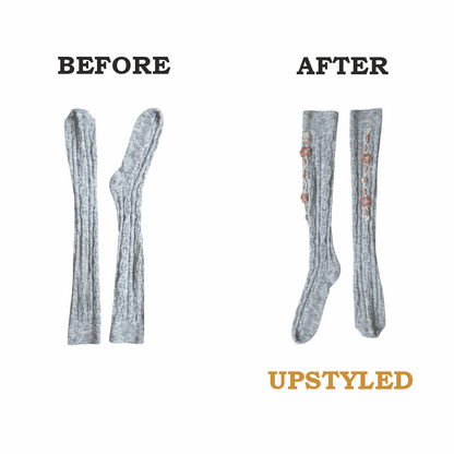 Upstyled Hand‑Embellished Grey Ribbed Knee Socks
