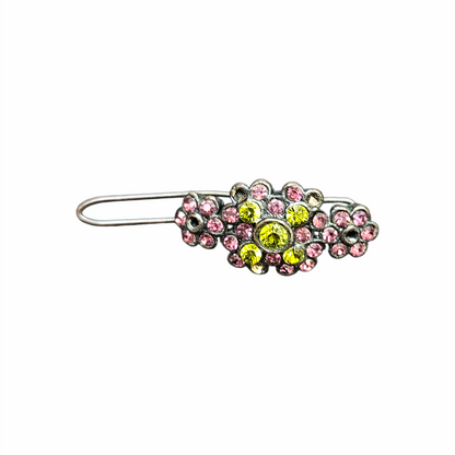 Vintage 1950s Pink and Yellow Rhinestone Floral Hair Barrette