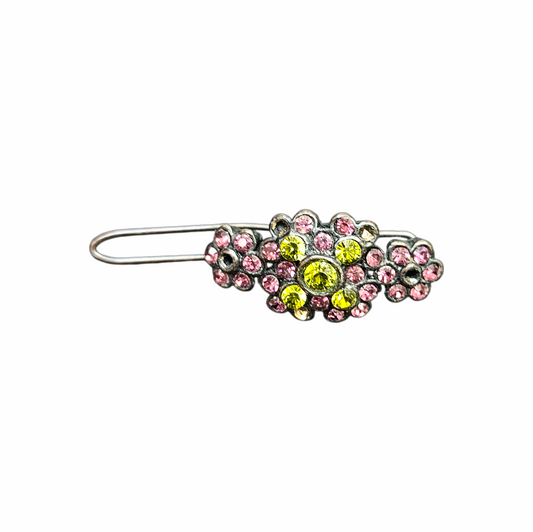 Vintage 1950s Pink and Yellow Rhinestone Floral Hair Barrette