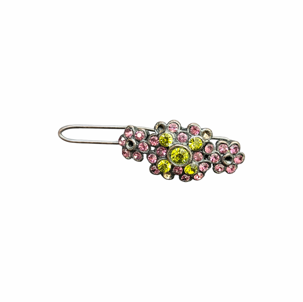 Vintage 1950s Pink and Yellow Rhinestone Floral Hair Barrette