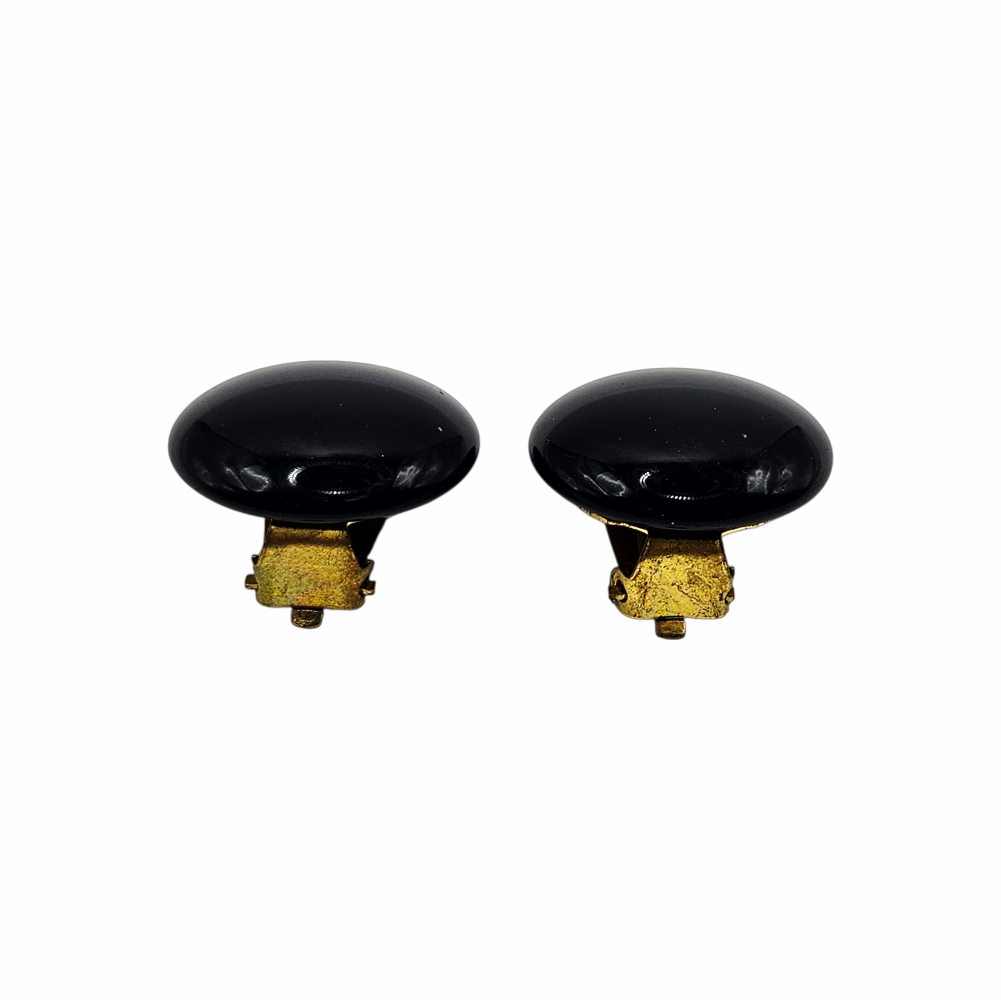 Vintage 50s Black Glass Clip-On Button Earrings