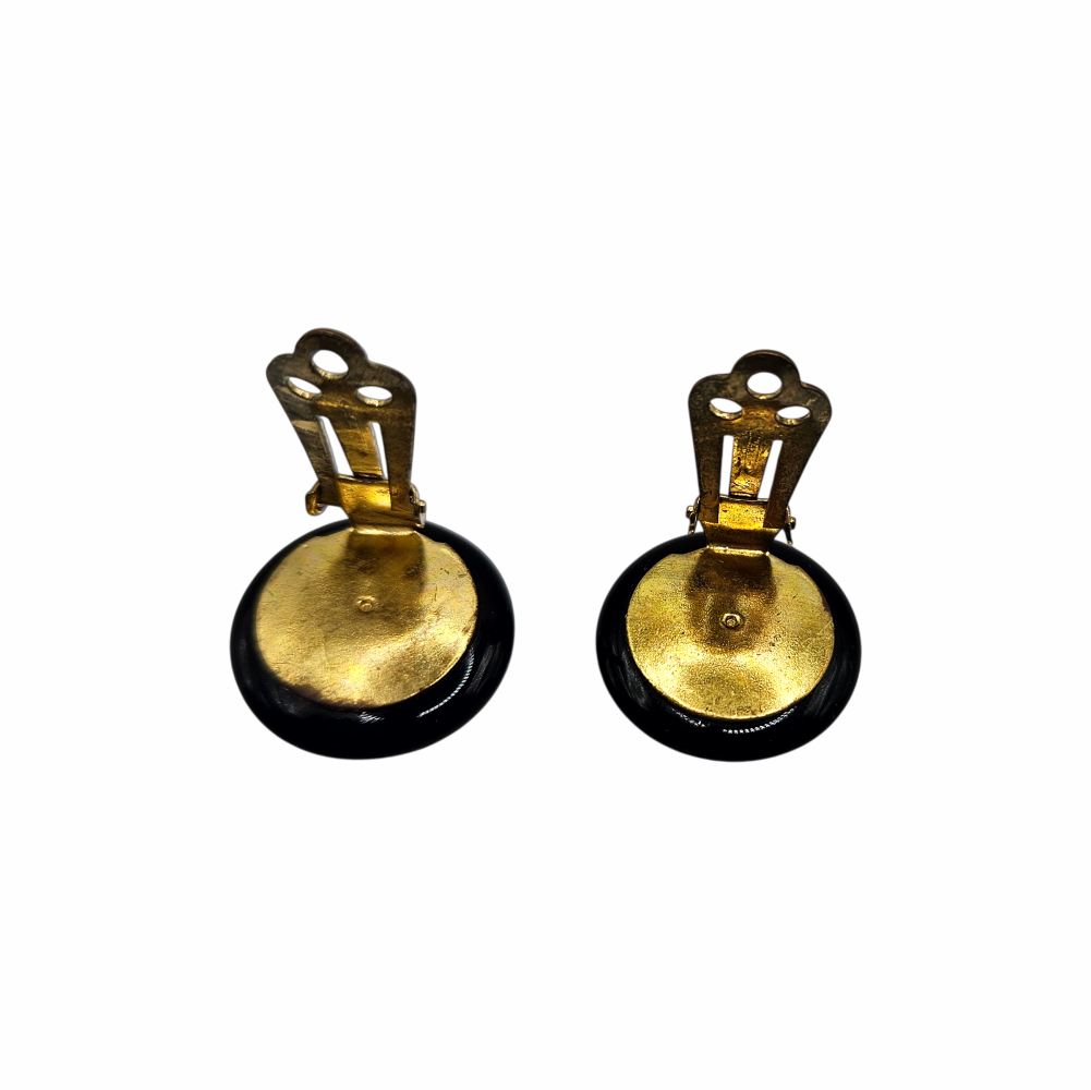 Vintage 50s Black Glass Clip-On Button Earrings