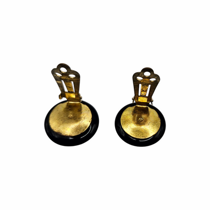 Vintage 50s Black Glass Clip-On Button Earrings