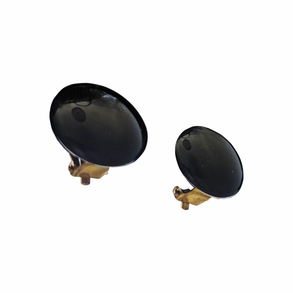 Vintage 50s Black Glass Clip-On Button Earrings