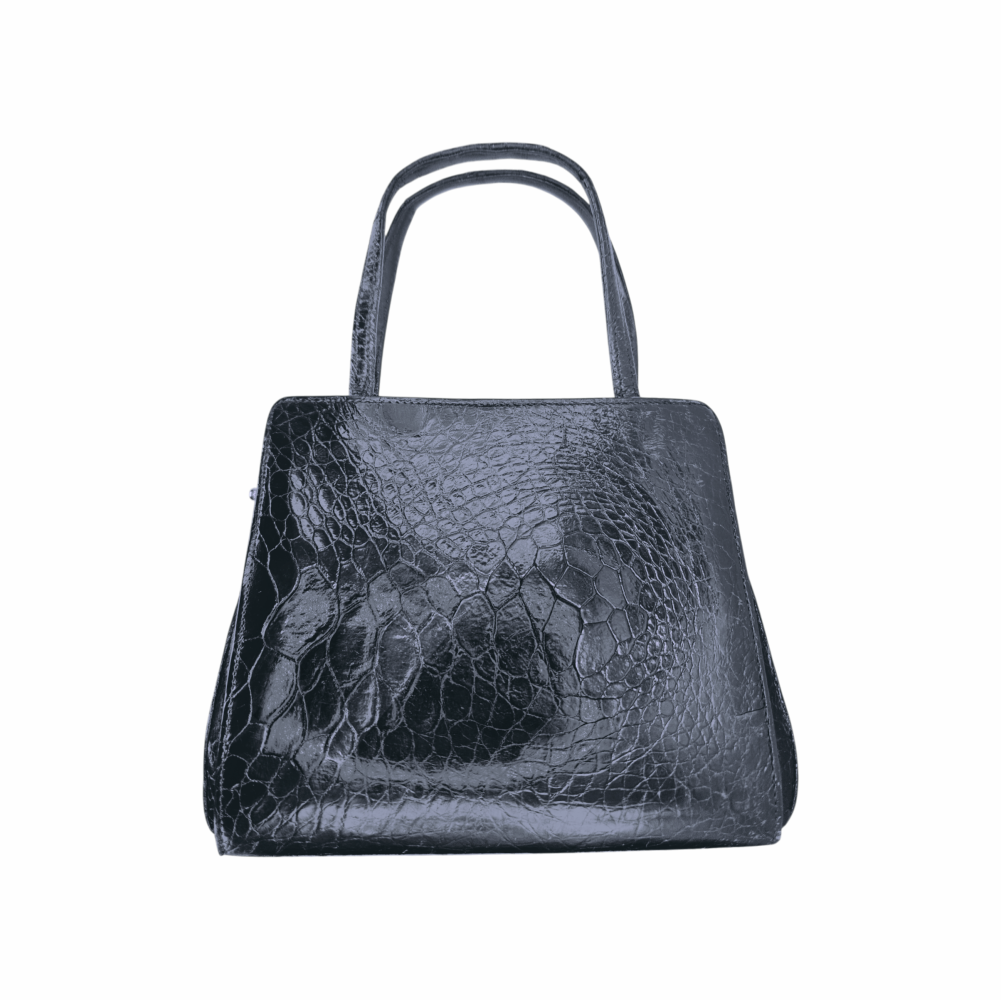 Vintage 1960s Black Croc-Embossed Leather Top Handle Bag - Re:Velvet