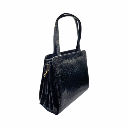 Vintage 1960s Black Croc-Embossed Leather Top Handle Bag - Re:Velvet