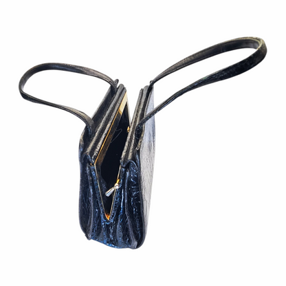 Vintage 1960s Black Croc-Embossed Leather Top Handle Bag - Re:Velvet