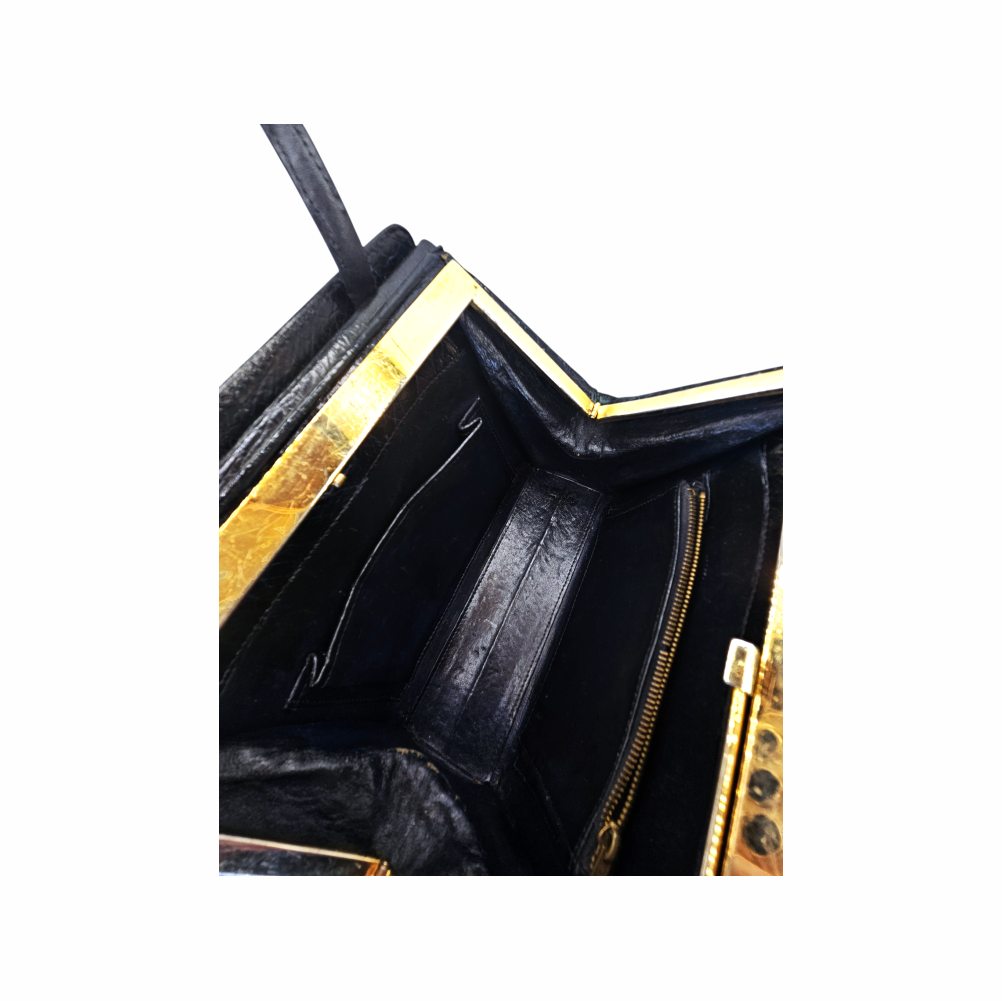 Vintage 1960s Black Croc-Embossed Leather Top Handle Bag - Re:Velvet