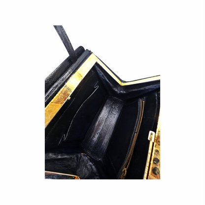 Vintage 1960s Black Croc-Embossed Leather Top Handle Bag - Re:Velvet