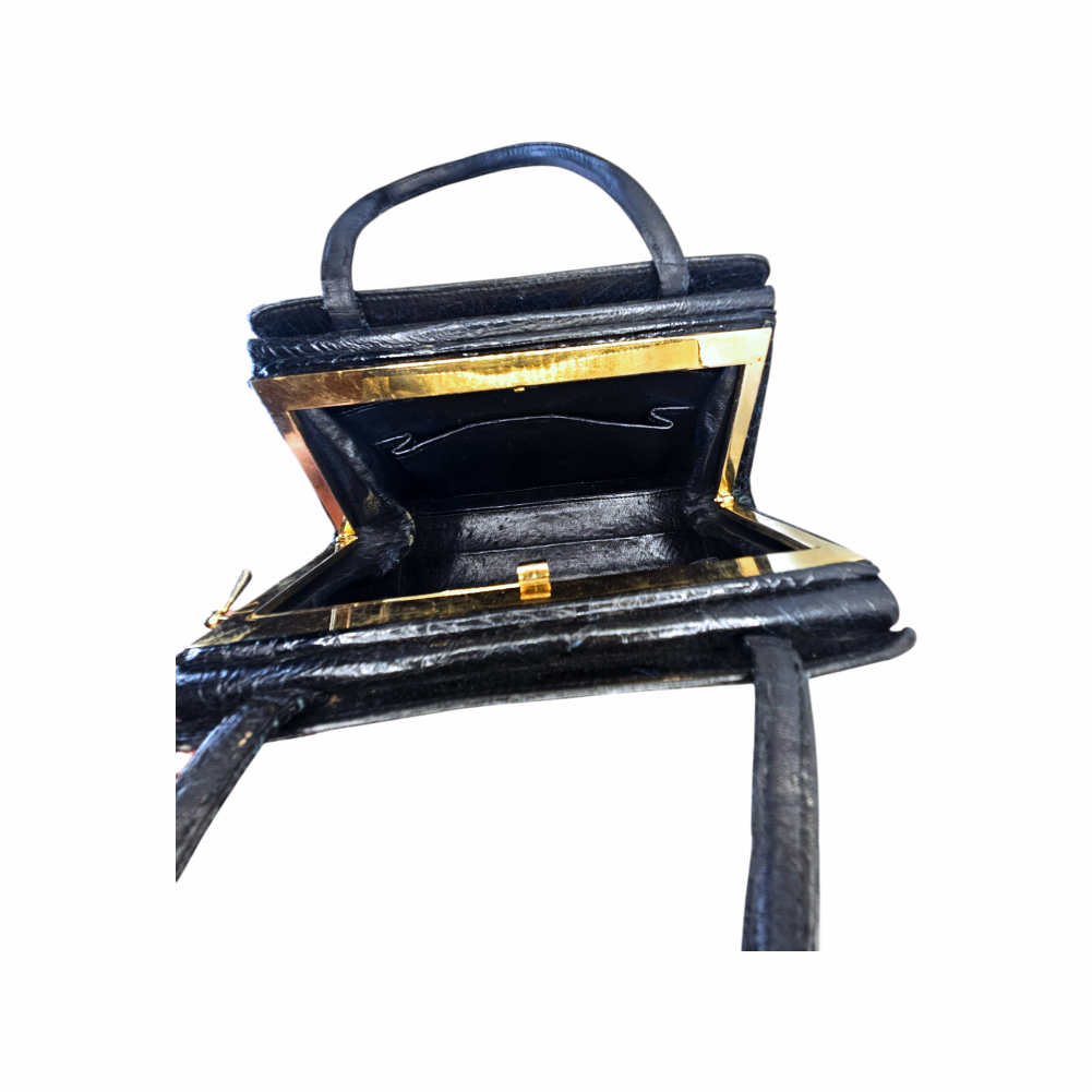 Vintage 1960s Black Croc-Embossed Leather Top Handle Bag - Re:Velvet