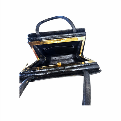 Vintage 1960s Black Croc-Embossed Leather Top Handle Bag - Re:Velvet