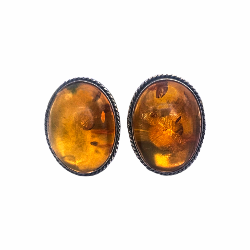 Vintage 925 sterling silver oval amber cabochon clip-on earrings, honey cognac amber, twisted rope border,