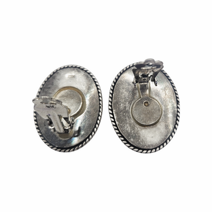 Back View of Vintage 925 sterling silver oval amber cabochon clip-on earrings, honey cognac amber, twisted rope border, non-pierced ears, circa 1960s–1980s.