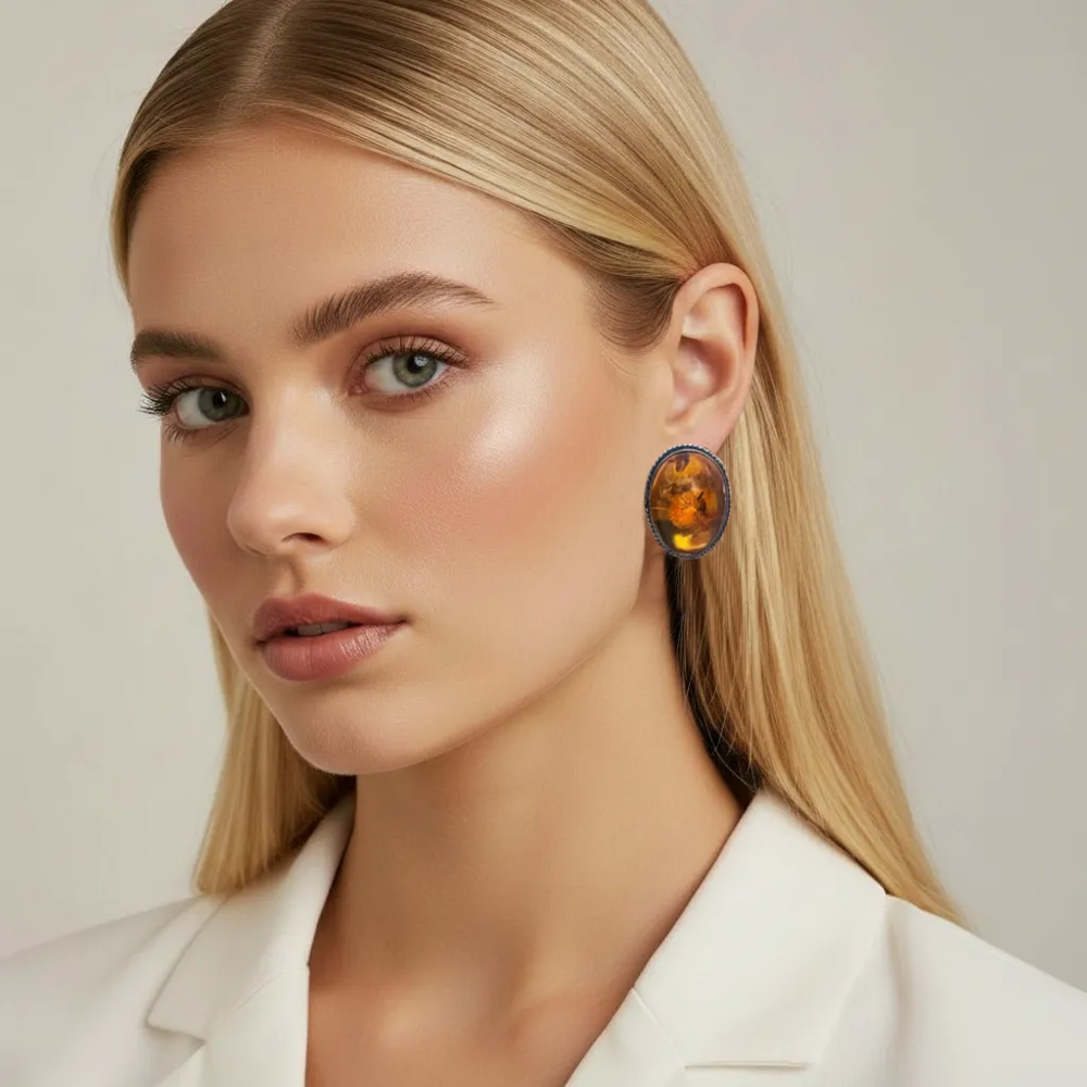 Vintage 80s 925 Sterling Silver & Amber Cabochon Clip-On Earrings - Re:Velvet