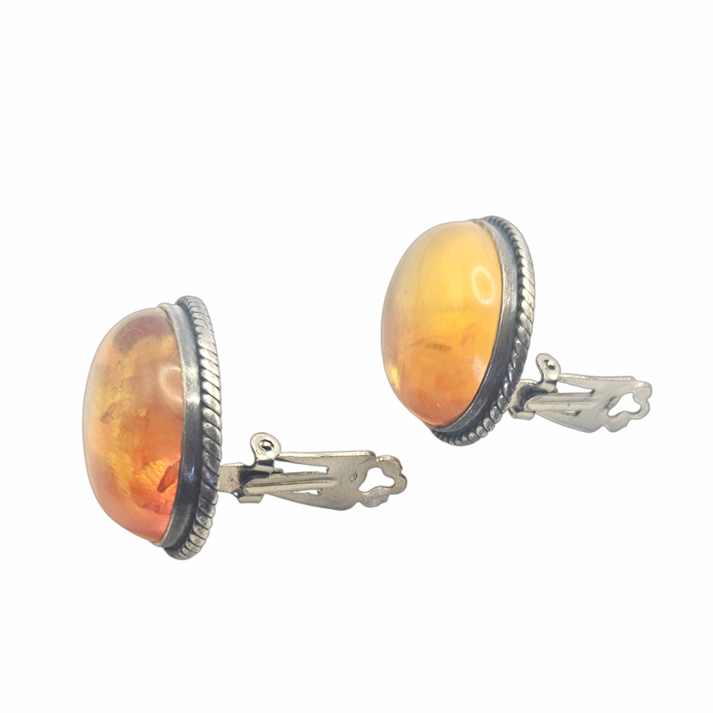 Vintage 80s 925 Sterling Silver & Amber Cabochon Clip-On Earrings - Re:Velvet
