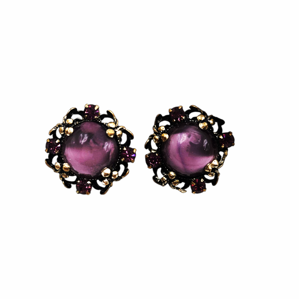 Vintage Amethyst Glass & Filigree Clip-On Button Earrings - Re:Velvet