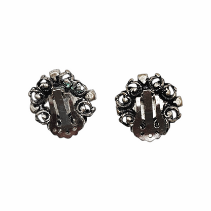 Vintage Amethyst Glass & Filigree Clip-On Button Earrings