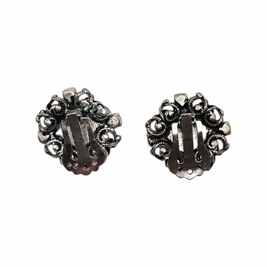 Vintage Amethyst Glass & Filigree Clip-On Button Earrings