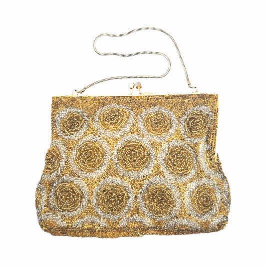 Vintage 1950s Gold and Silver Seed Beaded Evening Purse