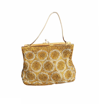 Vintage 1950s Gold and Silver Seed Beaded Evening Purse