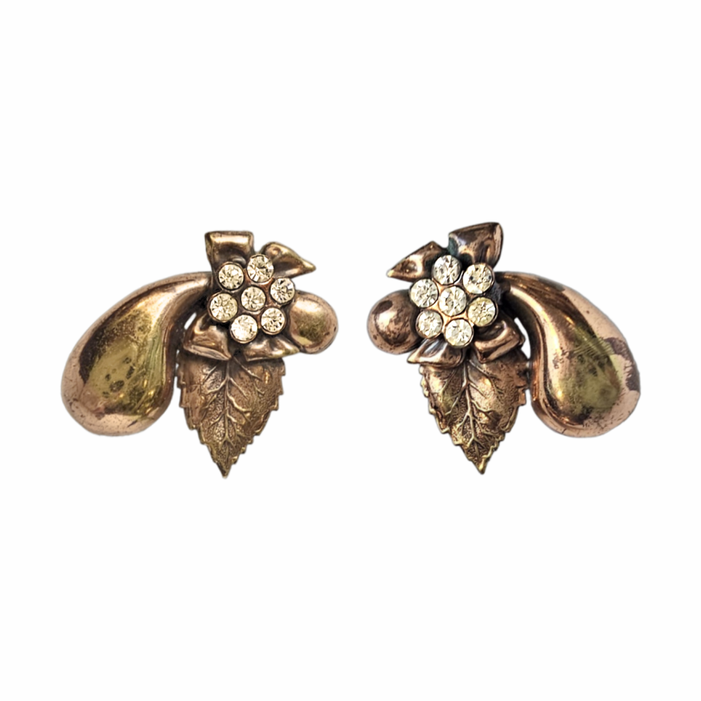 Vintage 1950s gold-tone floral rhinestone clip-on earrings