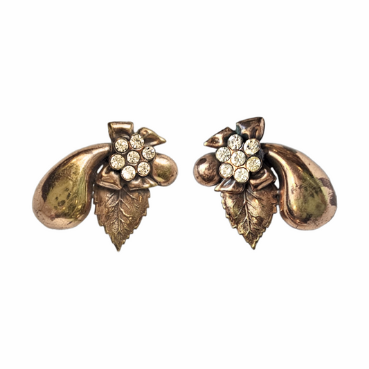 Vintage 1950s gold-tone floral rhinestone clip-on earrings