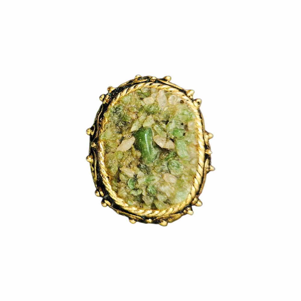Vintage green hardstone chip mosaic oval brooch in ornate antiqued gold-tone metal, circa 1960s–1970s.
