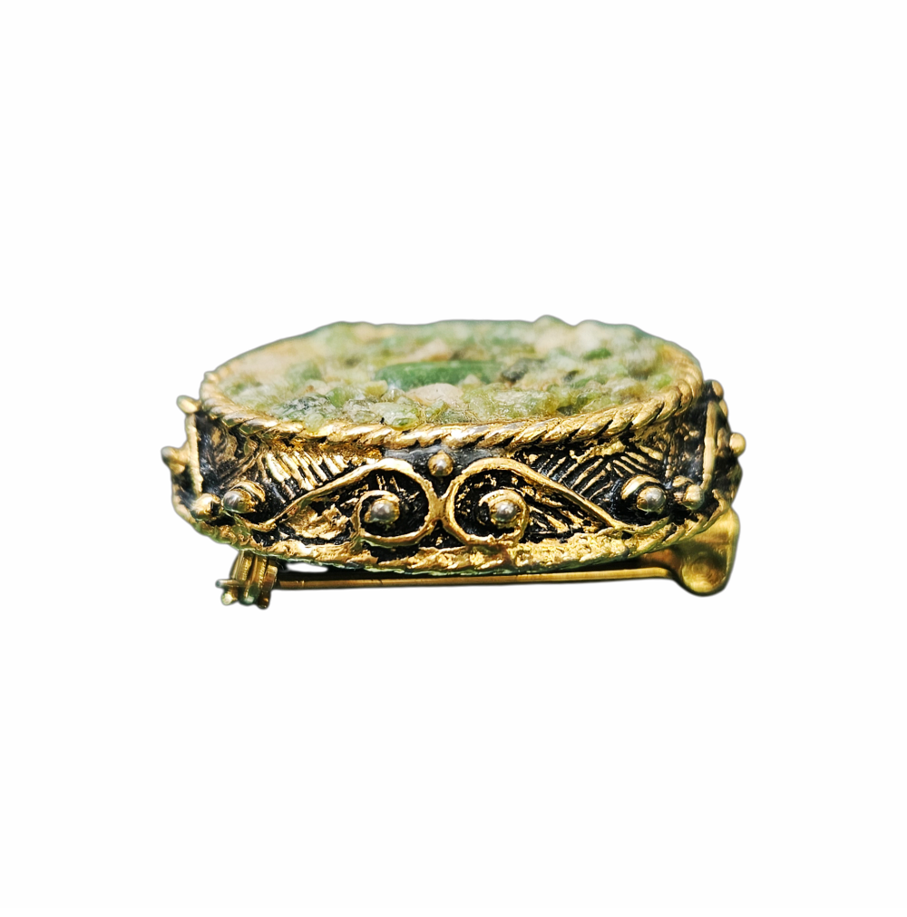 1960s - 1970s Green Hardstone Chip Mosaic Oval Brooch