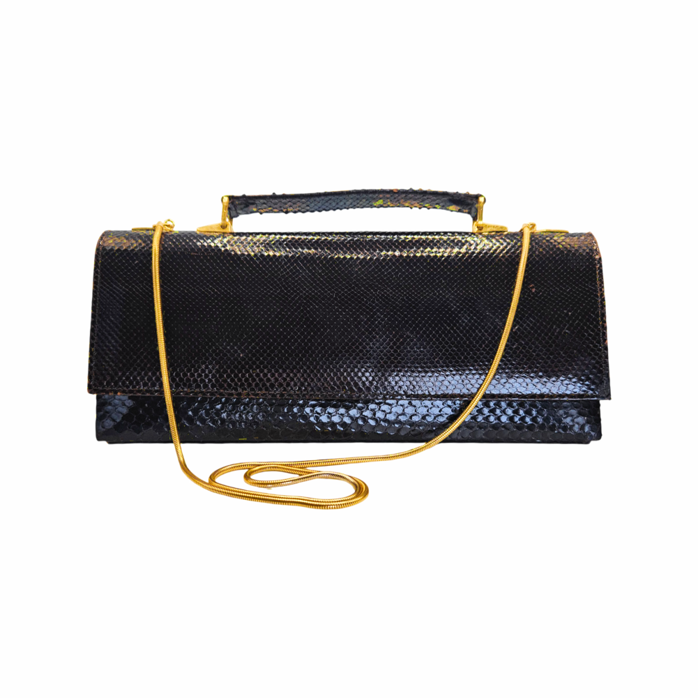 Vintage glossy black snakeskin frame handbag with a structured top handle, detachable gold-tone chain and brown compartmented interior