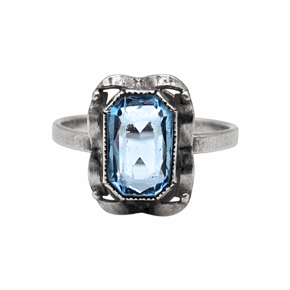 Vintage Art Deco Sterling Emerald Cut Silver Blue Topaz Ring