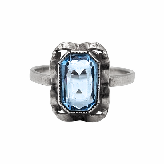 Vintage Art Deco Sterling Emerald Cut Silver Blue Topaz Ring