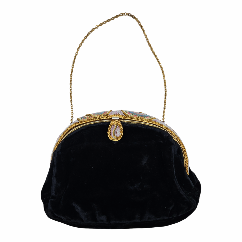Vintage 1950s Velvet Beaded Evening Bag with Enamel Paisley Frame