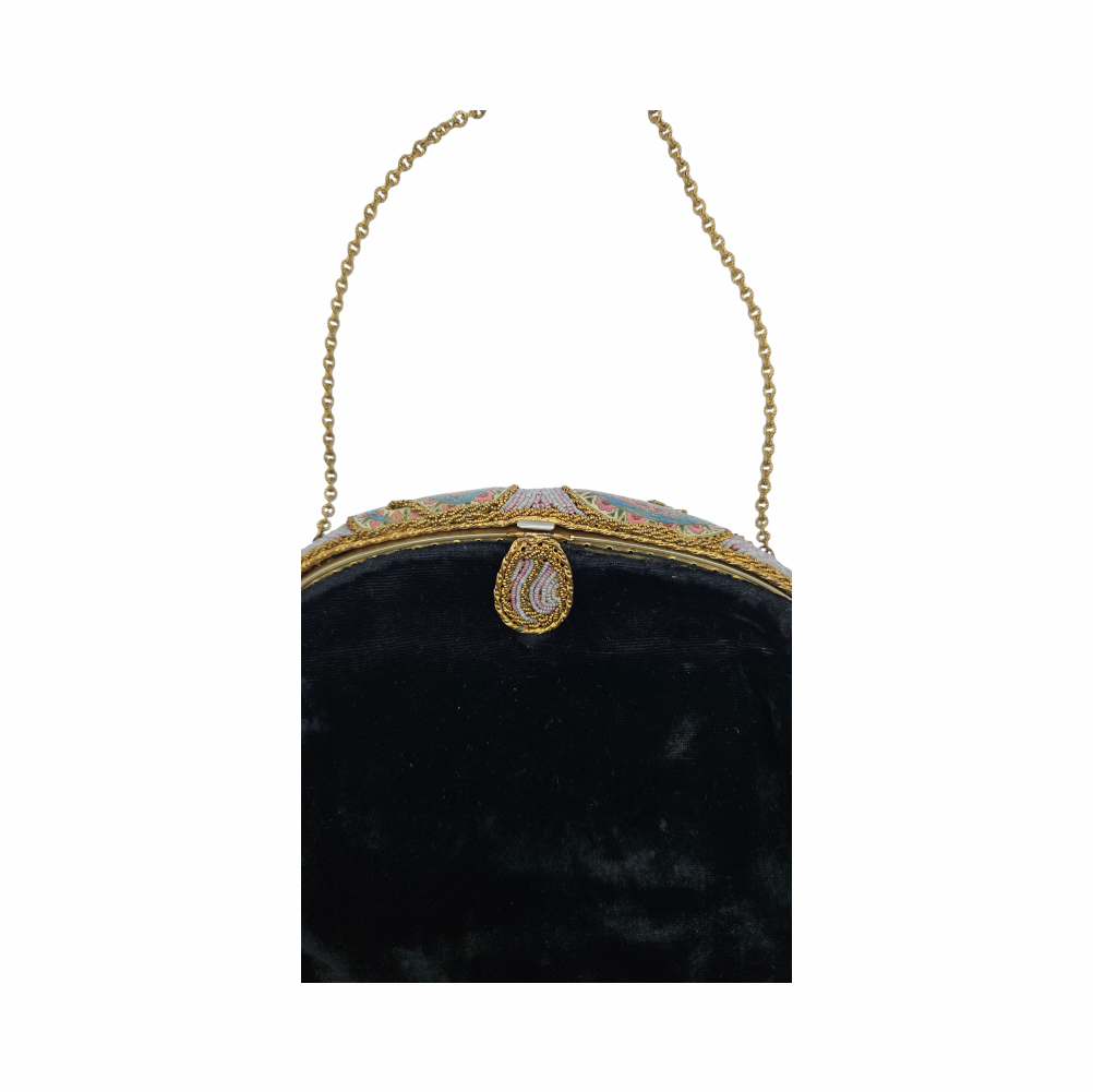 Vintage 1950s Velvet Beaded Evening Bag with Enamel Paisley Frame