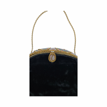 Vintage 1950s Velvet Beaded Evening Bag with Enamel Paisley Frame