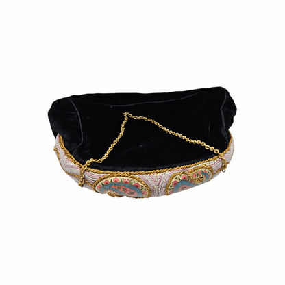 Vintage 1950s Velvet Beaded Evening Bag with Enamel Paisley Frame