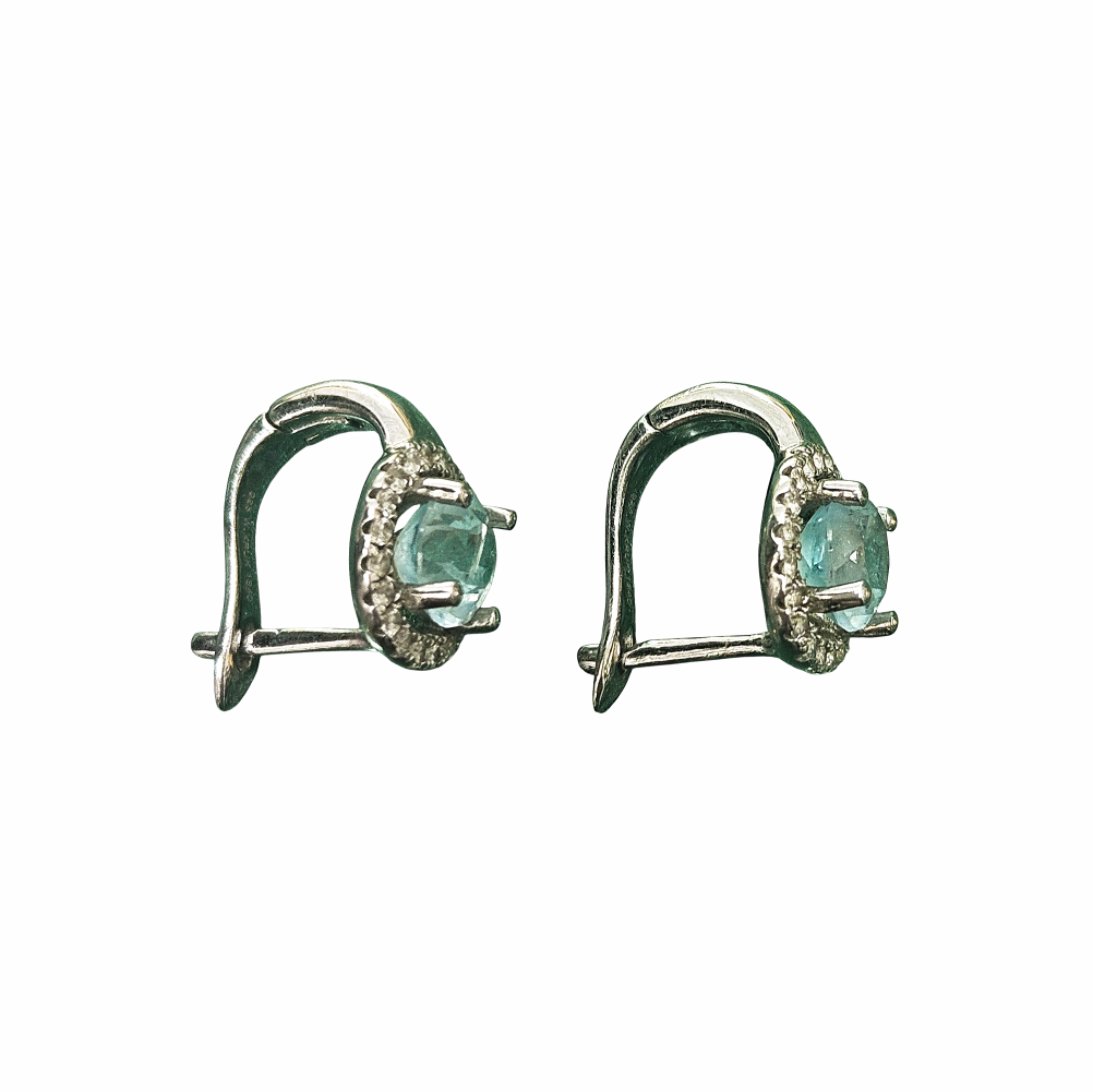 925 Sterling Silver Blue Cristal Zirconia Halo Drop Earrings - W.KRUK