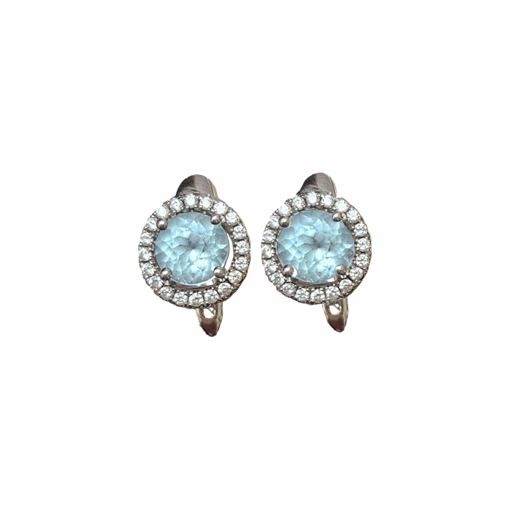 925 Sterling Silver Blue Cristal Zirconia Halo Drop Earrings - W.KRUK