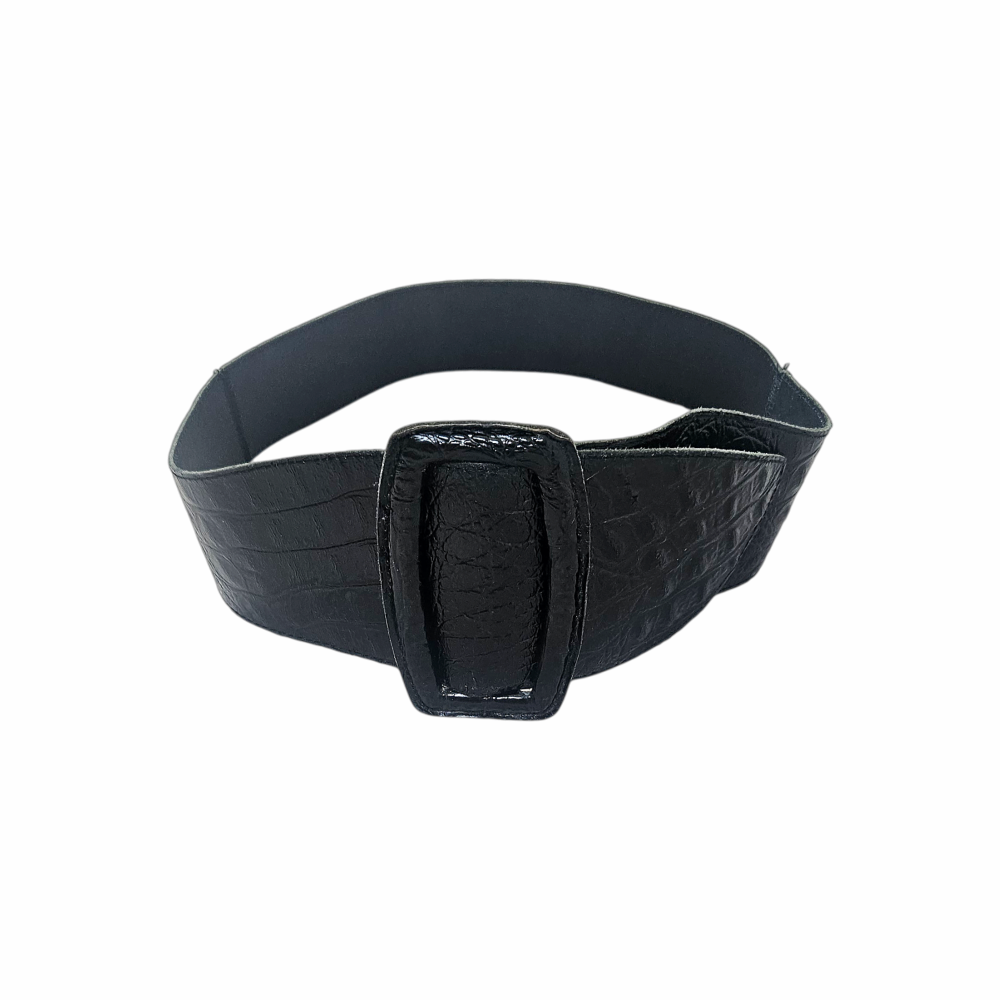 Vintage black crocodile-effect leather wide belt with oversized covered buckle. Made in Holland, 100% leather, circa late 1980s–early 1990s.