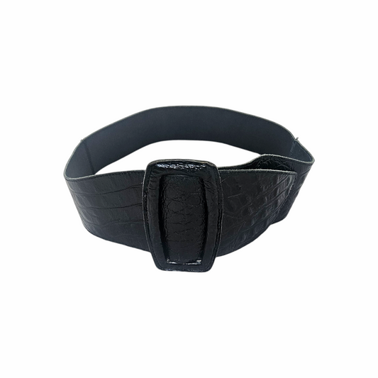 Vintage black crocodile-effect leather wide belt with oversized covered buckle. Made in Holland, 100% leather, circa late 1980s–early 1990s.
