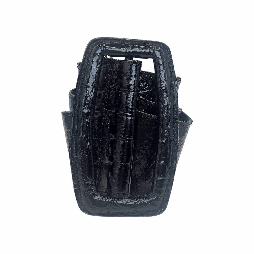 Vintage black crocodile-effect leather wide belt with oversized covered buckle. Made in Holland, 100% leather, circa late 1980s–early 1990s.