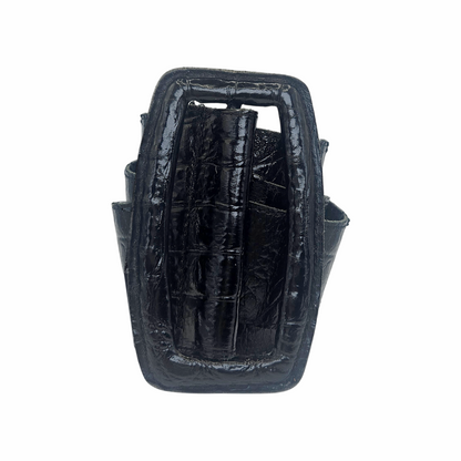 Vintage black crocodile-effect leather wide belt with oversized covered buckle. Made in Holland, 100% leather, circa late 1980s–early 1990s.