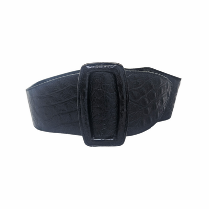 Vintage black crocodile-effect leather wide belt with oversized covered buckle. Made in Holland, 100% leather, circa late 1980s–early 1990s.