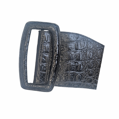 Vintage black crocodile-effect leather wide belt with oversized covered buckle. Made in Holland, 100% leather, circa late 1980s–early 1990s.
