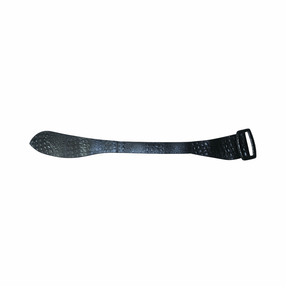 Vintage black crocodile-effect leather wide belt with oversized covered buckle. Made in Holland, 100% leather, circa late 1980s–early 1990s.