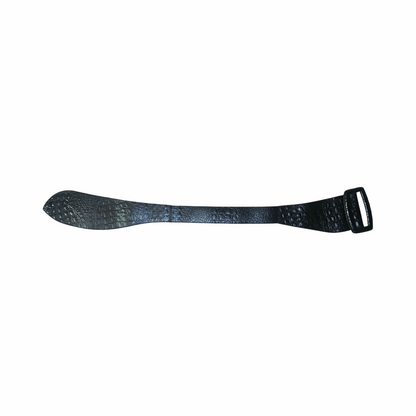Vintage black crocodile-effect leather wide belt with oversized covered buckle. Made in Holland, 100% leather, circa late 1980s–early 1990s.