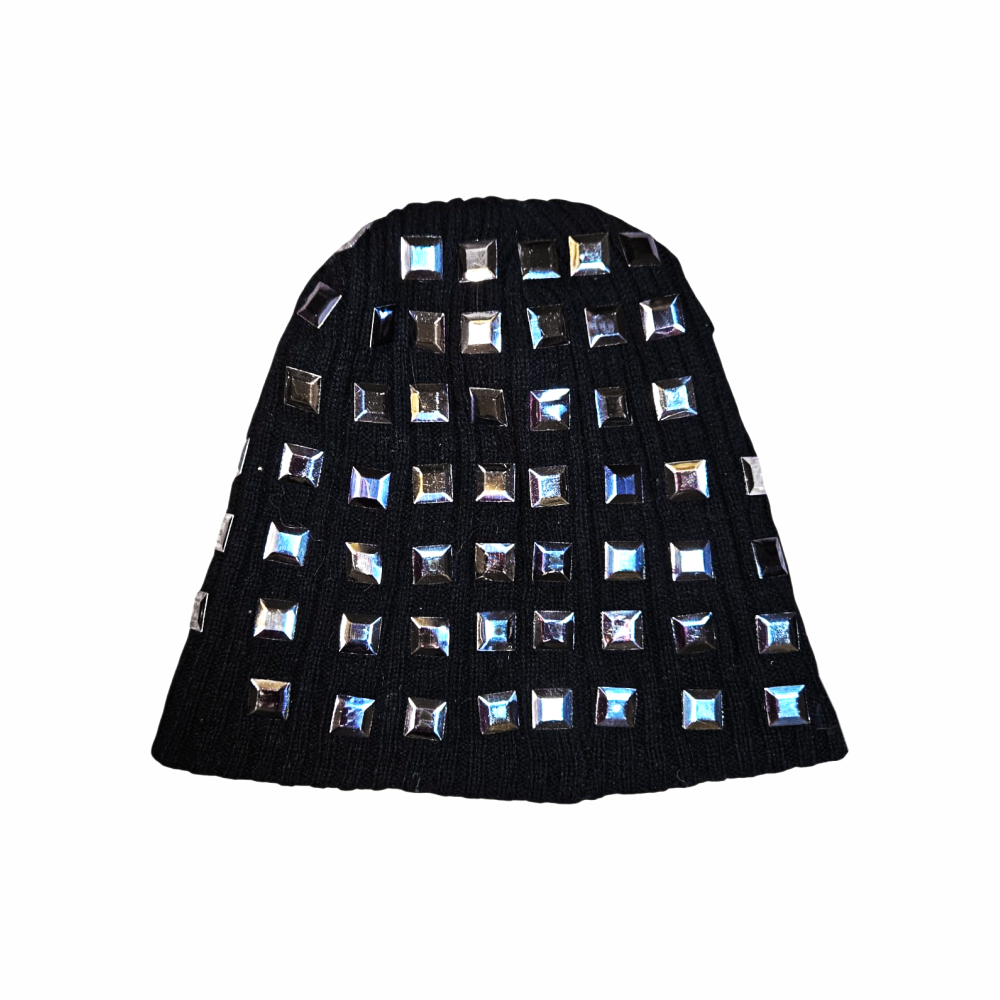Upstyled Square-Stud Beanie in Ribbed Wool Blend