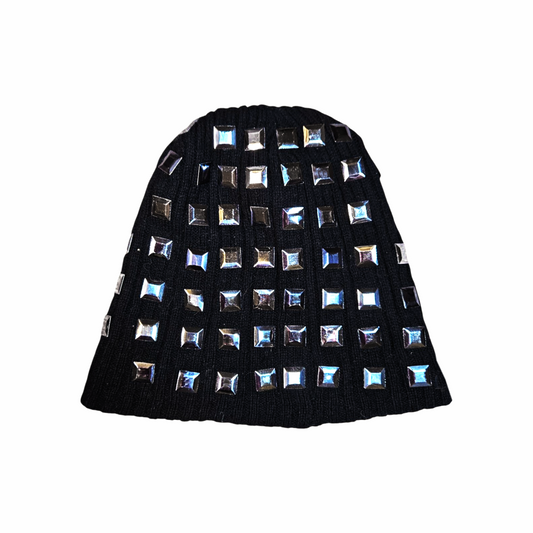 Upstyled Square-Stud Beanie in Ribbed Wool Blend